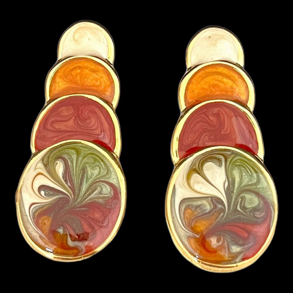 Vintage 1980s Gold Tone Dangle Earrings Multicolor Shimmer Enamel NOS - 3H